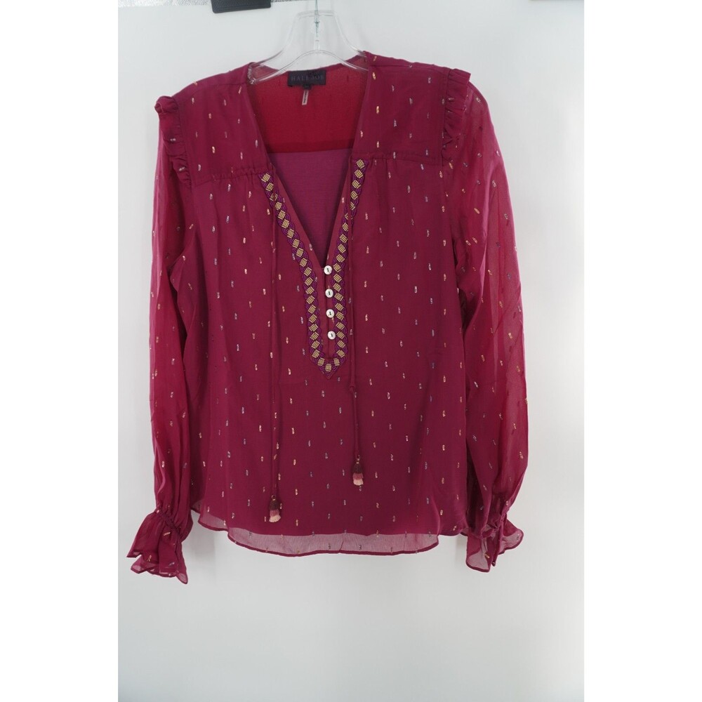 Hale Bob Sheer Burgundy Silk Boho Peasant Blouse Gold Beaded Embroidered Sz M